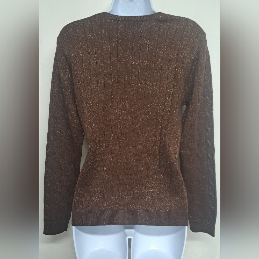 Croft & Barrow M Brown Gold Metallic Sweater V Neck Long Sleeve Like New - Picture 3 of 6